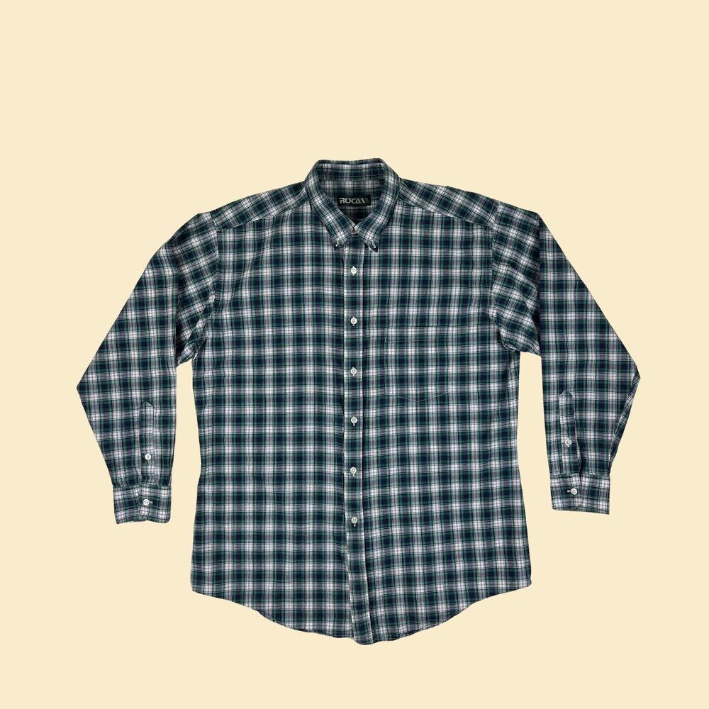 90s green/white plaid mens shirt by Roca, size 42 vintage 1990s long sleeve top
